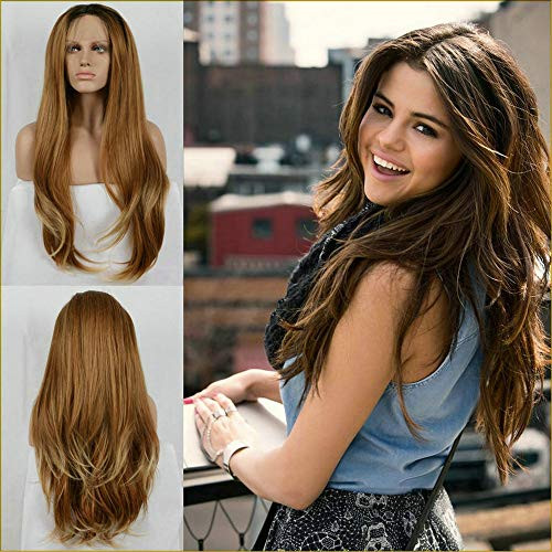 RainaHair 24inches Dark Brown Rooted Dark Blonde Lace Front Wigs for Women Cosplay Synthetic Hair Wavy Wig with Flawless Hairline Heat Resistant Honey Blonde Synthetic Lace Front Wigs