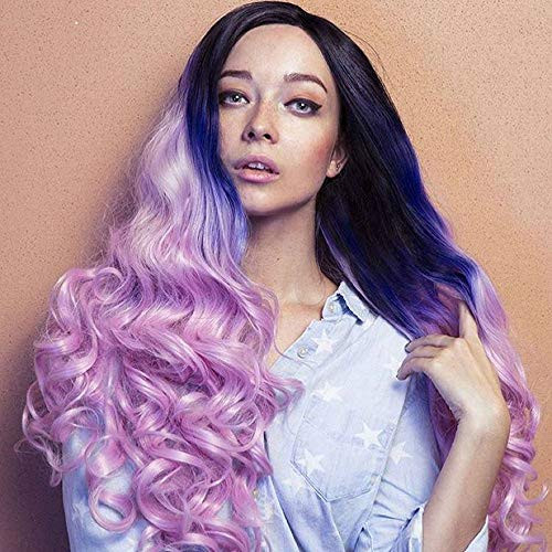 RainaHair Long Wavy Glueless Heat Resistant Synthetic Lace Front Wig For Women 3 Tone Body Wave Black Blue Pink Wig Middle Parting Flawless Hairline Cosplay Party Wig Drag Queen 24inch RainaHair Long Wavy Glueless Heat Resistant Synthetic Lace Front Wig For Women 3 Tone Body Wave Black Blue Pink Wig Middle Parting Flawless Hairline Cosplay Party Wig Drag Queen 24inch