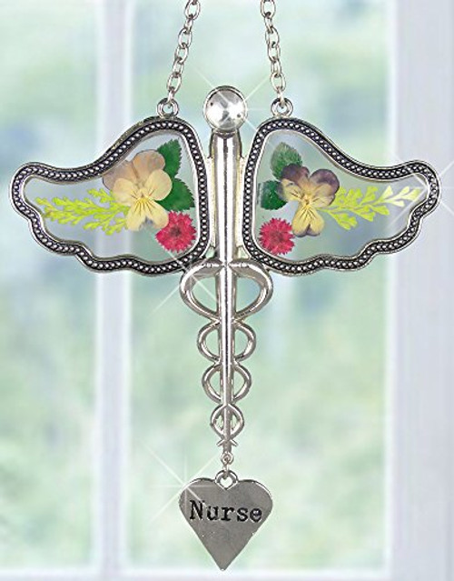 Nurse Caduceus Suncatcher with Real Pressed Flowers in Glass Wings and Silver Metal Engraved Heart Shaped Charm  Gifts for Nurses  Nurse Practitioners  Nurse Gifts  Nurse Graduation Gifts