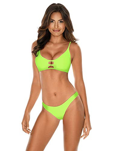 RELLECIGA Women s Neon Green Strappy Triangle Bikini Top with Cheeky Brazilian Cut Bikini Bottom Size Medium