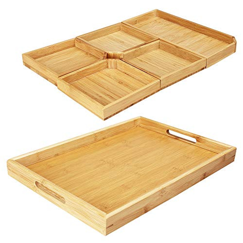 Renawe Wooden Serving Tray with Handles Set of 6 Bamboo Fruit Tray Food Dessert Trays Ottoman Tea Coffee Tray Divided Serving Platter Cake Cookie Tray Wood Plates