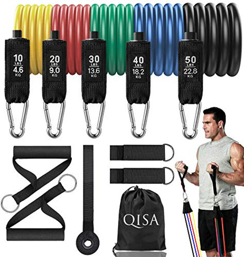 Resistance Bands Set Exercise Bands with Handles Training Tubes with Door Anchor  Ankle Straps for Resistance Training Physical Therapy Home Workout Yoga Pilates Stackable up to 150 lbQiSa Resistance Bands Set Exercise Bands with Handles Training Tubes with Door Anchor  Ankle Straps for Resistance Training Physical Therapy Home Workout Yoga Pilates Stackable up to 150 lbQiSa