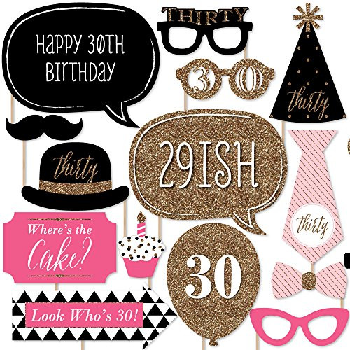 Chic 30th Birthday - Pink, Black and Gold - Birthday Photo Booth Props Kit - 20 Count
