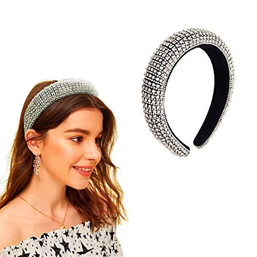 Rhinestones Headband for Women Bejeweled Wide Padded Hairband with Velvet for Sparkly Party Hair Accessories Silver