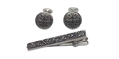 DL Menswear Rhodium Plated Celtic Ornate Tie Clip and Cufflinks Gift Set