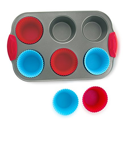 Nonstick Bakeware 6-Cup Muffin Pan with Silicone Cupcake Liners (Set of 6) by Boxiki Kitchen | Premium Nonstick Baking Muffin Tin and Muffin Cups