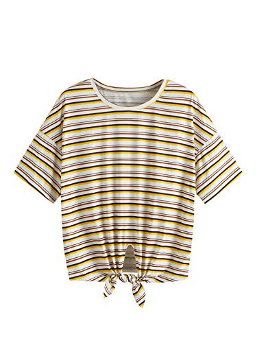 Romwe Women s Casual Plus Striped Knot Front Short Sleeve Loose Tee Top TShirt Multicolor 3X