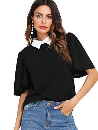 Romwe Women s Cute Contrast Collar Short Sleeve Casual Work Blouse Tops Pure Black Small