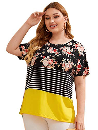 Romwe Women s Plus Size Casual Colorblock Floral Batwing Short Sleeve Tops Tee Tshirt Multicolor 4X