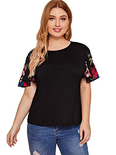 Romwe Women s Plus Size Casual Floral Ruffle Short Sleeve Tops Blouse Tee Black 4X Plus