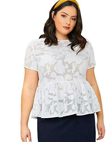 Romwe Women s Plus Size Elegant Round Neck Short Sleeve Ruffle Hem Flared Peplum Blouse Tops White 2X Plus