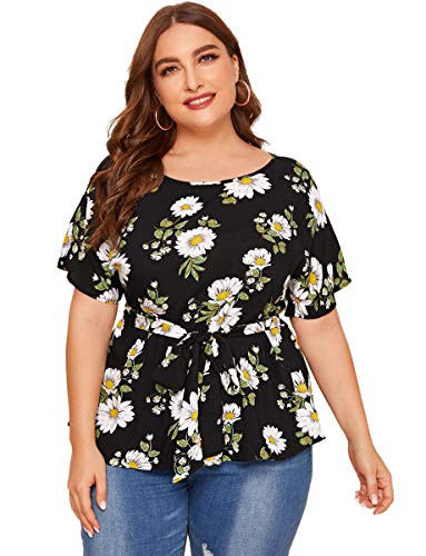 Romwe Women s Plus Size Floral Print Bow Tie Waist Short Sleeve Blouse Top Black 2X