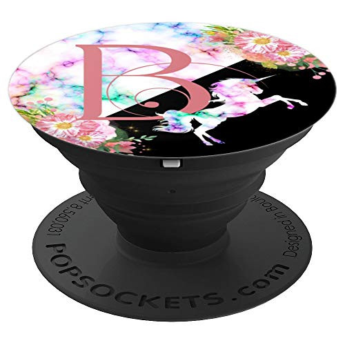 Rose Pink Letter B Initial Unicorn Rainbow Monogram PopSockets Grip and Stand for Phones and Tablets