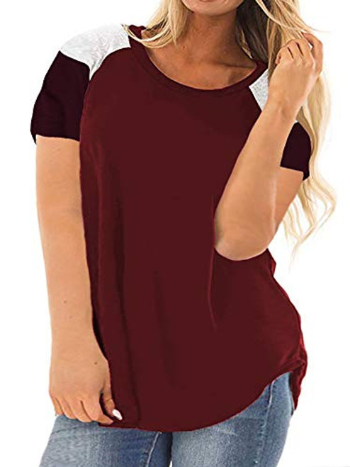 ROSRISS Womens Plus Size Casual Short Sleeve Tunics Color Block Crewneck T Shirt Wine Red 24W