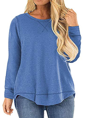Womens Plus Size Tops Long Sleeve Casual Loose Crewneck Side Split Shirts Blouses Blue 24W