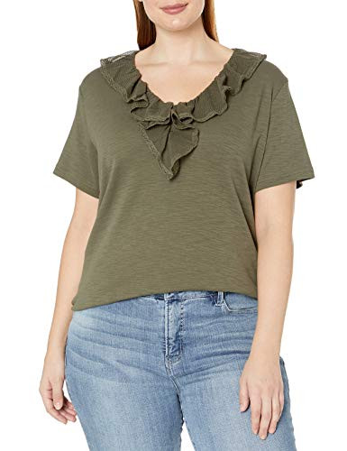 Chaps Women s Plus Size Ruffled Lace Collar Soft Cotton T Shirt Autumn Thyme 2X