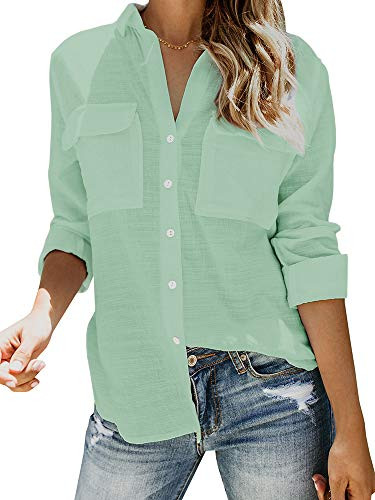 Womens Button Down V Neck Shirts Long Sleeve Blouse Roll Up Cuffed Sleeve Casual Work Plain Tops with Pockets XLarge Green