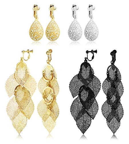 SAILIMUE 4 Pairs Clip on Earrings for Women Hollow Pattern Leaf Non Pierced Earrings Clipon Multilayer Drop Dangle Earrings Set