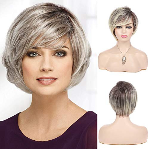 Sallcks Ombre Blonde Bob Wigs for Women Short Layered Natural Brown Roots Wig Halloween Cosplay Custome Synthetic Hair Full Wig Sallcks Ombre Blonde Bob Wigs for Women Short Layered Natural Brown Roots Wig Halloween Cosplay Custome Synthetic Hair Full Wig