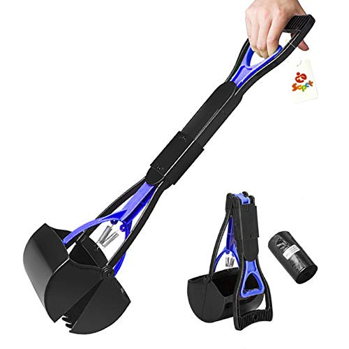 SCPET Pet Pooper Scooper for Dogs and Cats with Long Handle Foldable Dog Poop Waste Pick Up Rake Jaw Claw Bin for Grass and Gravel Blue