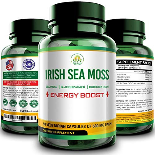 Irish Sea Moss Raw Organic Vegan Capsules  Burdock Root and Bladderwrack 1000mg Per Serving Formula by Sebi Alkaline 90 Pills