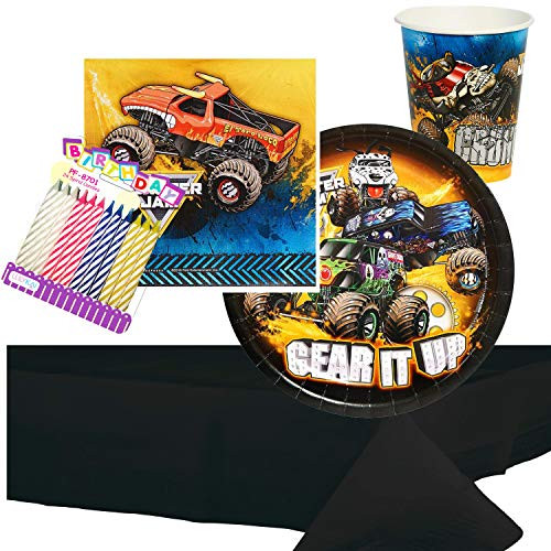 Monster Truck Party Supplies Pack Serves 16 Dinner Plates Luncheon Napkins Cups and Table Cover with Birthday Candles Bundle for 16