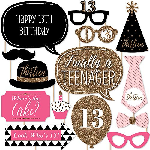 Chic 13th Birthday - Pink, Black and Gold - Photo Booth Props Kit - 20 Count