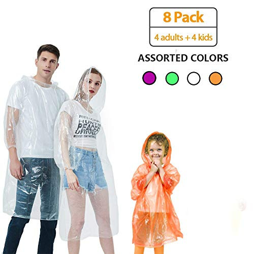 Shample Disposable Ponchos Disposable Emergency Rain Ponchos Family Pack for Kids Men Women  Lightweight Rain Poncho with Drawstring Hood Disposable Rain Coat Thicker Material  Odorless ?8 Pack?