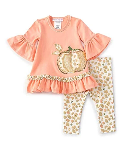 Bonnie Jean Girl s Thanksgiving Outfit  Coral Pink Pumpkin Leggings Set for Baby Toddler and Little Girls 12 Months