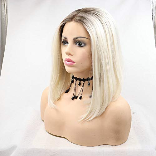 Short Straight Hair Bob Wigs Ombre Blonde with Brown Roots Synthetic Lace Front Wig Middle Parting Glueless Wig Heat Resistant 14inch RainaHair