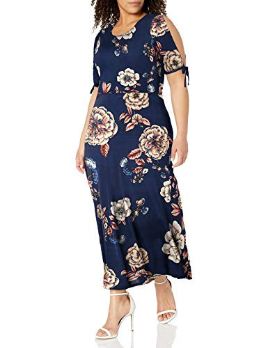 Star Vixen Women s PlusSize Short/Slit Sleeve KeyholeBack Skater Seam Maxi Dress Navy Ground Floral 1X