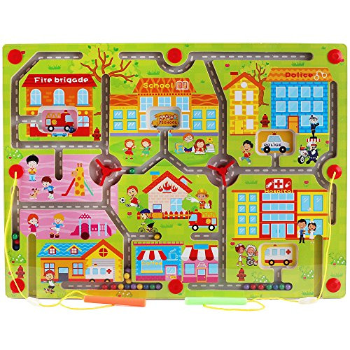 Elloapic Wooden Magnetic Maze Puzzle Interactive maze Magnet Beads Maze on Board Game Eduactional Handcraft Toys-Square - Happy Community