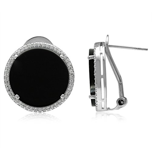 Silvershake 15mm Round Disc Shape Created Black Onyx 925 Sterling Silver Omega Clip Post Earrings