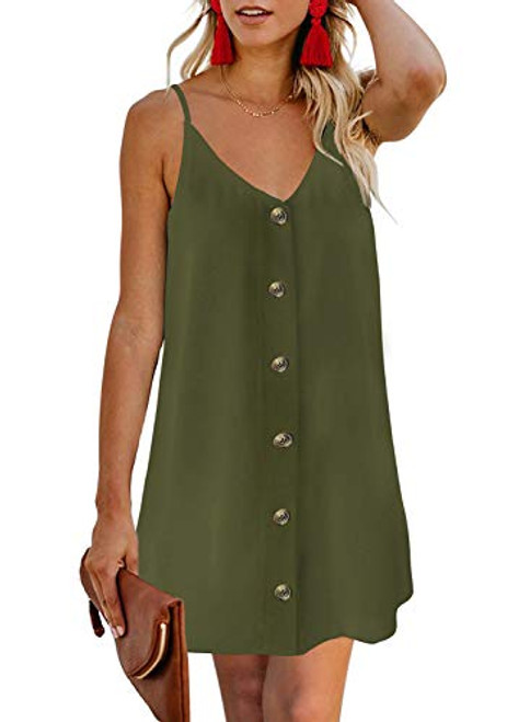 AlvaQ Casual Summer Women Ladies Spaghetti Strap Sleeveless Button Down V Neck A Line Swing Skater Mini Dresses Green Large AlvaQ Casual Summer Women Ladies Spaghetti Strap Sleeveless Button Down V Neck A Line Swing Skater Mini Dresses Green Large