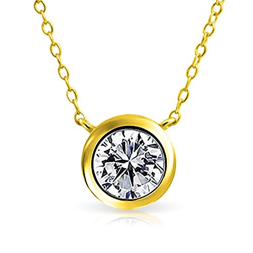 Bling Jewelry 1Ct Minimalist Simple Round Bezel Solitaire CZ Slide Pendant Necklace for Women 14K Gold Plated 925 Sterling Silver