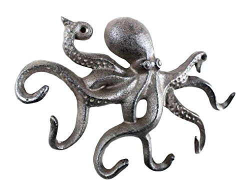 Hampton Nautical Cast Iron Octopus Hook 11 Inch - Decorative Hook - Sealife Metal Wall Hook
