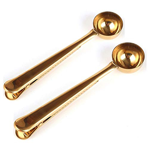 SIPLIV Coffee Spoon Clip Tea Scoop Food Storage Bag Grip Clip Stainless Steel Multifunction Coffee Measuring Spoon  2 Pack Gold