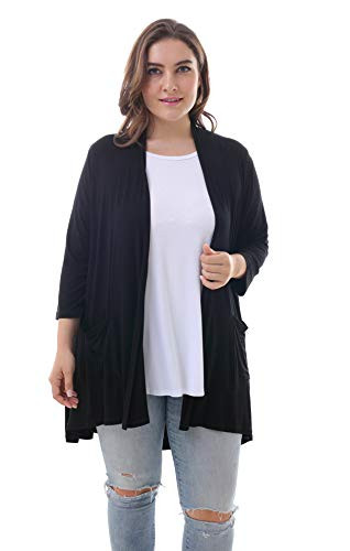 ZERDOCEAN Women s Plus Size 3/4 Sleeve Lightweight Soft Printed Drape Cardigan with Pockets Black 3X