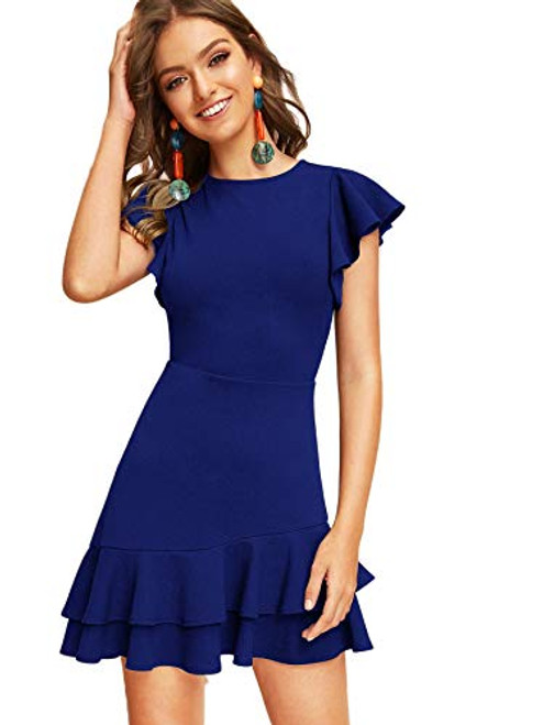 Floerns Women s V Back Inslace Layered Ruffle Hem Flutter Sleeve Dress Blue2 M