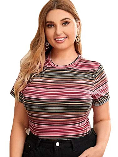 Milumia Women s Plus Size Striped Tee Crew Neck Short Sleeve Casual T Shirt Tops Pink XXLarge Plus
