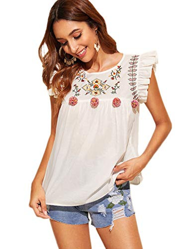 Romwe Women s Sleeveless Floral Embroidery Ruffle Cotton Summer Boho Blouse Top White M