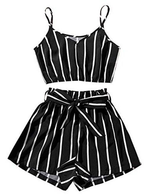 MakeMeChic Women s 2 Piece Outfit Summer Striped V Neck Crop Cami Top with Shorts Black Strige S