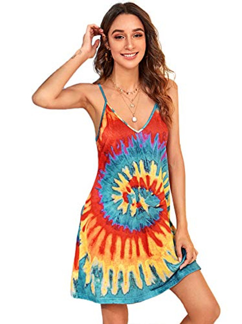 Romwe Women s Summer Casual Tie Dye Cami Dress Sleeveless V Neck Swing Tshirt Dress Multicolor12 Medium