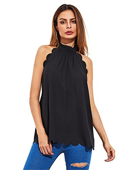 MakeMeChic Women s Sleeveless Halter Neck Tank Self Tie Scallop Blouse Top Black M