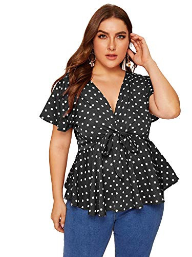 Romwe Women s Plus Size Bow Tie V Neck Short Sleeve Polka Dot Blouse Shirts Tops Black1 1X Plus