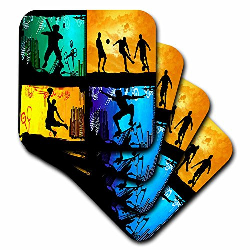 3dRose cst61813 Skateboarding Baseball Basketball Soccer Ceramic Tile Coasters Set of 4