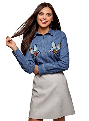 oodji Ultra Women s Denim Shirt with Patches Blue XXSmall