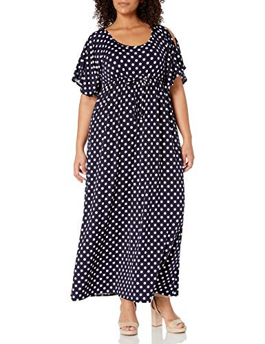 Star Vixen Women s PlusSize Slit Flutter Sleeve Maxi Dress with Empire Drawstring Waist Navy White Dot 1X