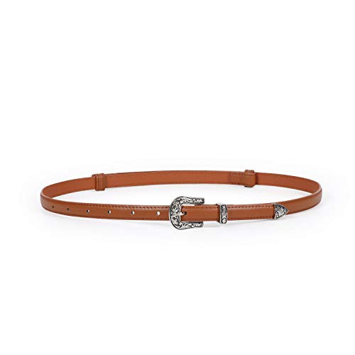 Sliver Metal Western Buckle Skinny Belt Adjustable Fashion Thin Waist Dress Belt Women Vintage Casual Skinny Leather Belt Ladies Waist Belt for DressBrown Retro Skinny BeltSuit Waist Size Below 37