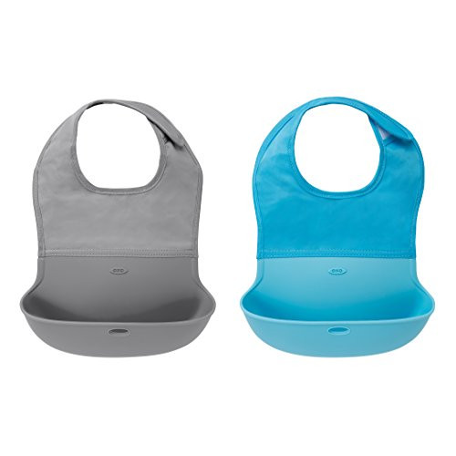 OXO TOT Waterproof Silicone Roll up Bib with Comfort-Fit Fabric Neck, 2 Pack, Gray/Aqua